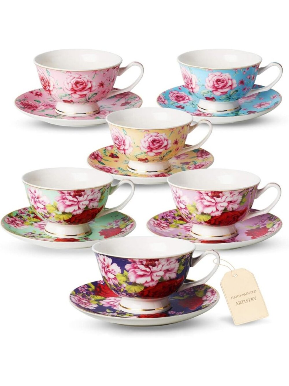 Floral Tea Cups & Saucers Set of 6, 8 oz - Elegant Vintage Style Drinkware
